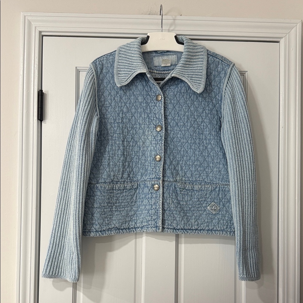 Blue Willi’s Denmark Quilted Denim Jacket Knit Sleeves Button 90s Vintage Large